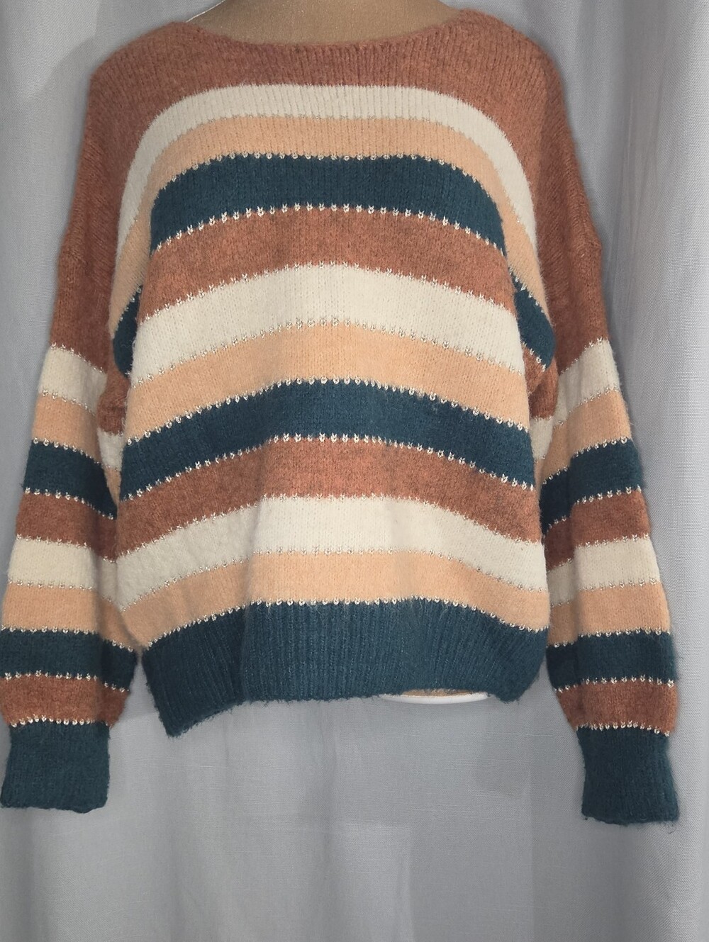 Davi & Dani L Large Striped Cozy Crewneck SweaterRust,Cream & Teal Size Large